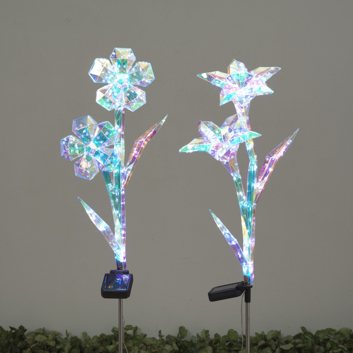 SET OF 2 - 40"H Solar Lighted Iridescent LED Flower Yard Stakes