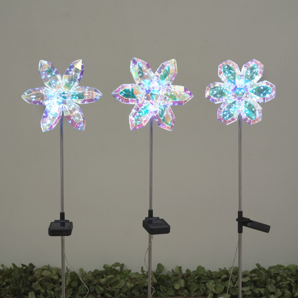 SET OF 3 - 38"H Solar Lighted Iridescent LED Flower Yard Stakes