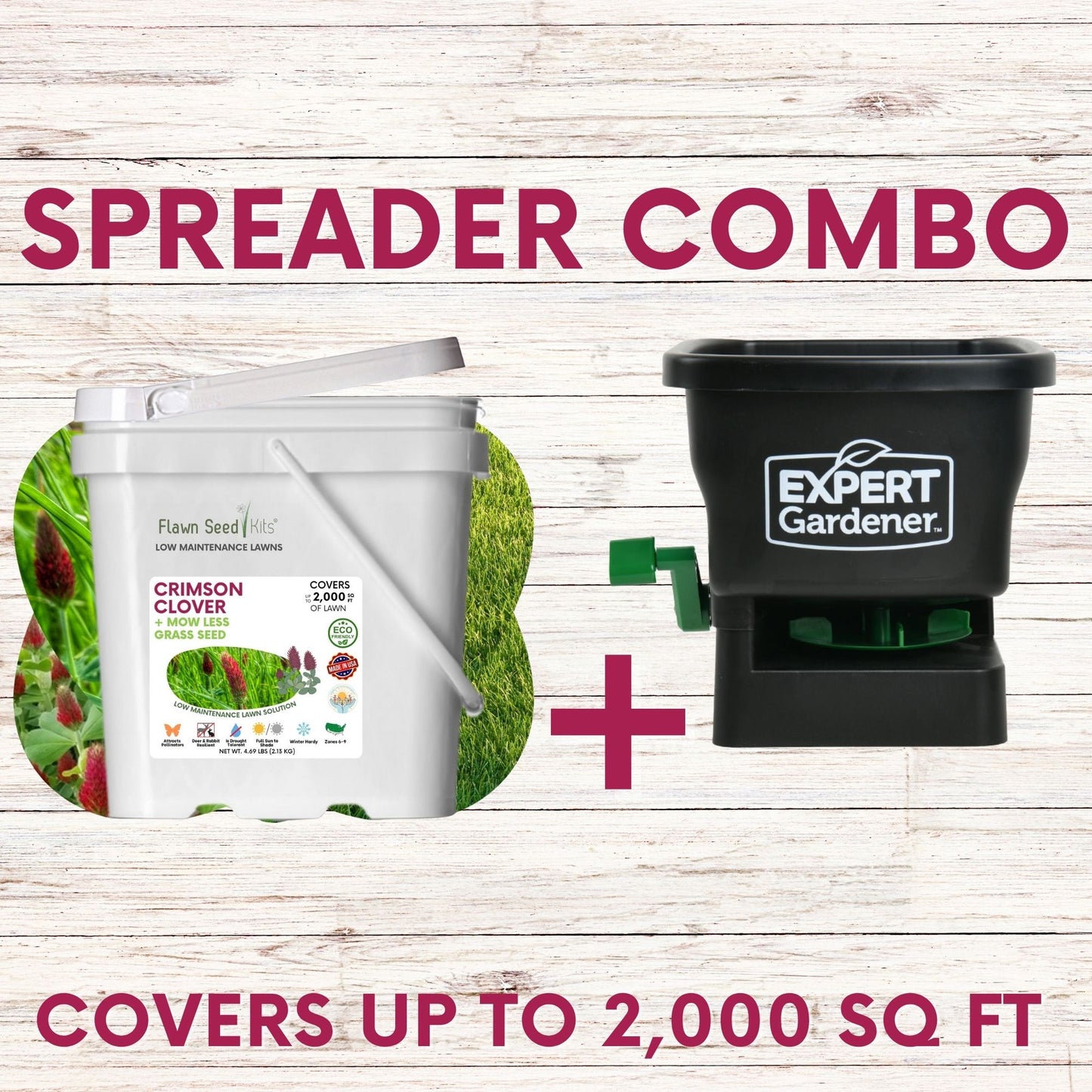 Crimson Clover + Mow Less Grass Seed + Spreader Bundle