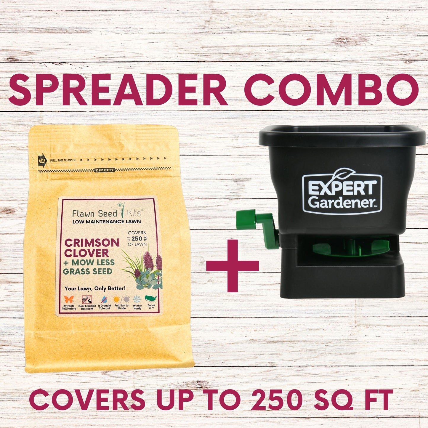 Crimson Clover + Mow Less Grass Seed + Spreader Bundle