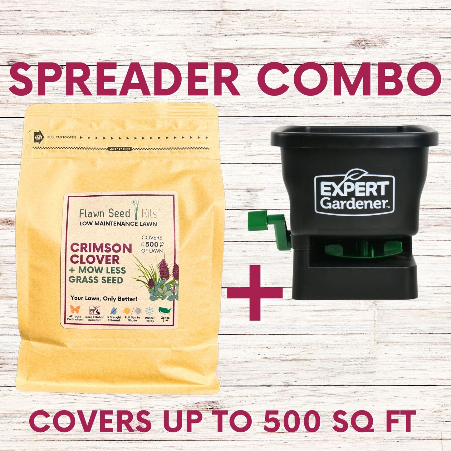 Crimson Clover + Mow Less Grass Seed + Spreader Bundle