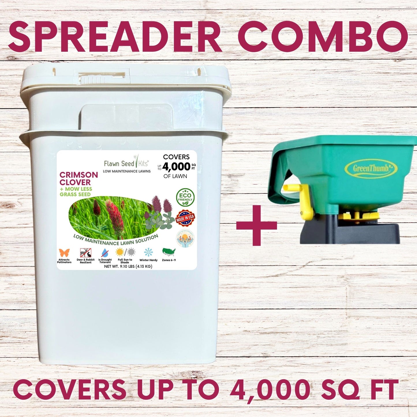 Crimson Clover + Mow Less Grass Seed + Spreader Bundle