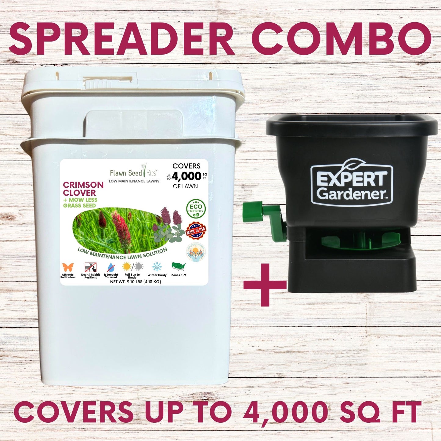 Crimson Clover + Mow Less Grass Seed + Spreader Bundle