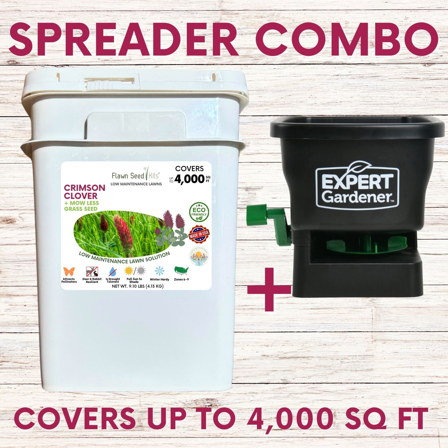Crimson Clover + Mow Less Grass Seed + Spreader Bundle