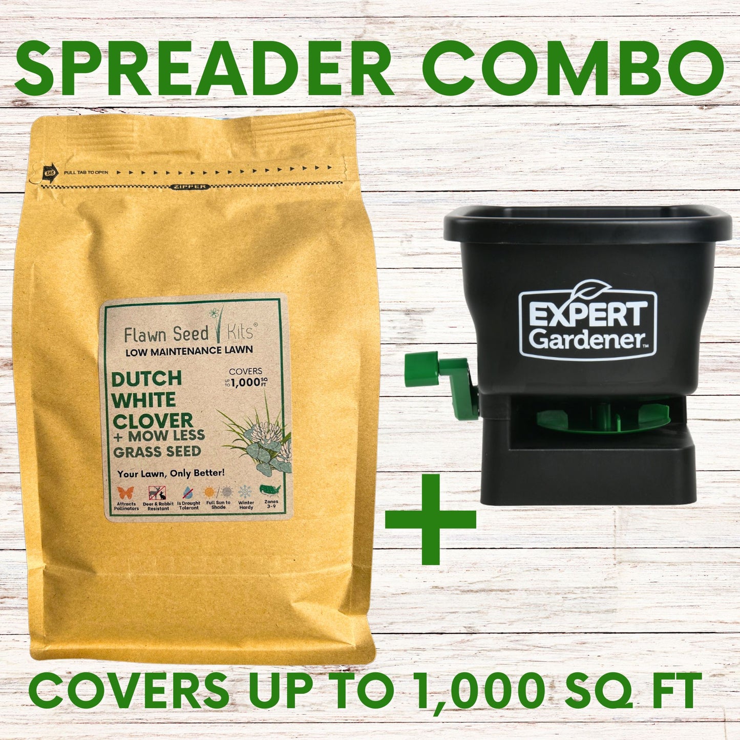 Dutch White Clover + Mow Less Grass Seed Spreader Bundle