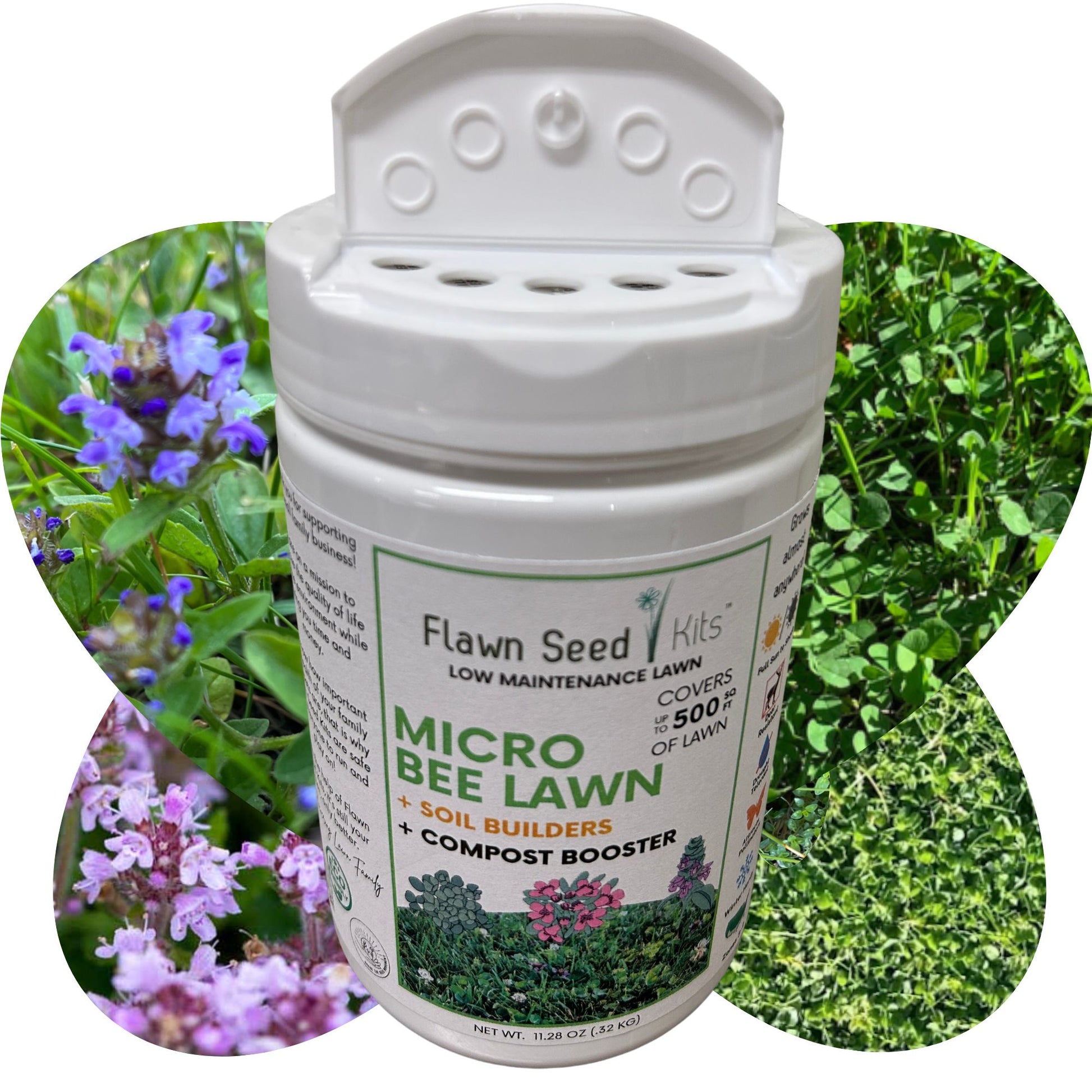Micro Bee Lawn Flowering Pollinator Seed Kit, Micro Clover Blooms, Self-Heal Blooms, Creeping Thyme Blooms, Easy Spread Container