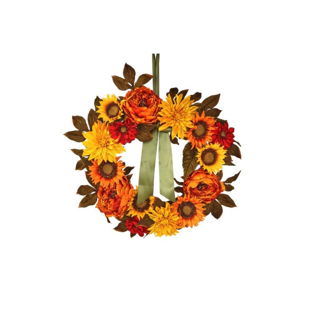 Regency International Faux Peony Dalia Sunflower Wreath, 22 inches, Harvest Mix