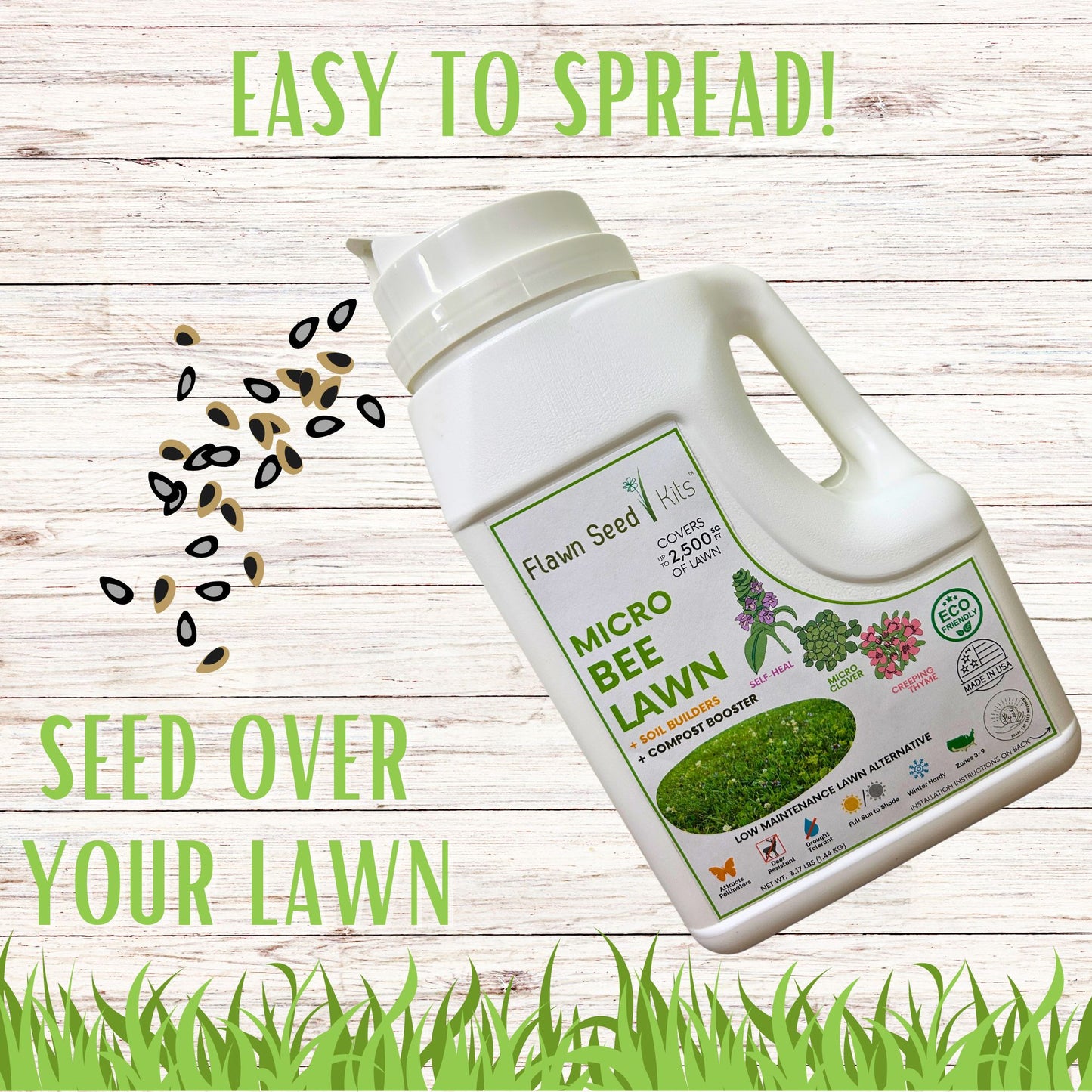 Easy to Spread Flawn Seed Kit Simple Seeding Process over your lawn, Mow to half inch, rake to loosen soil, shake to spread seed