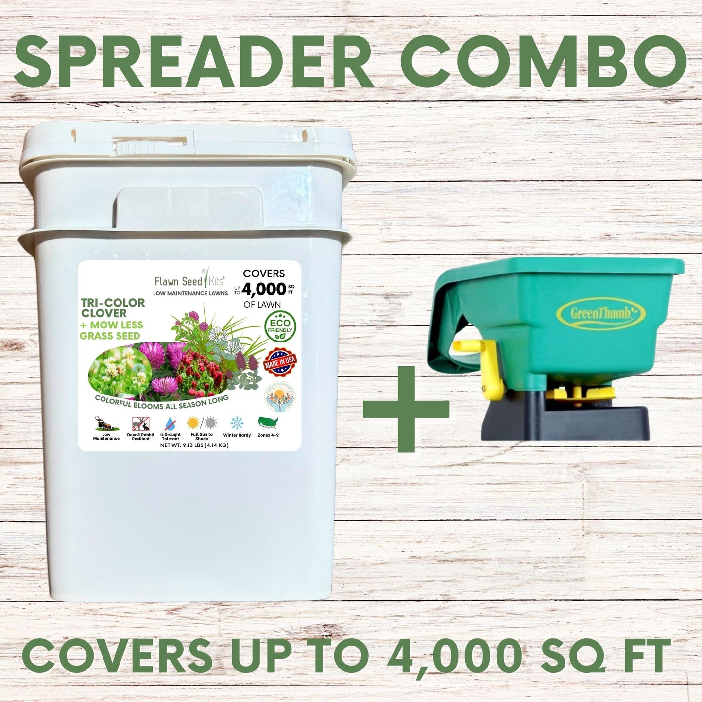 Tri Clover + Mow Less Grass Seed + Spreader Bundle