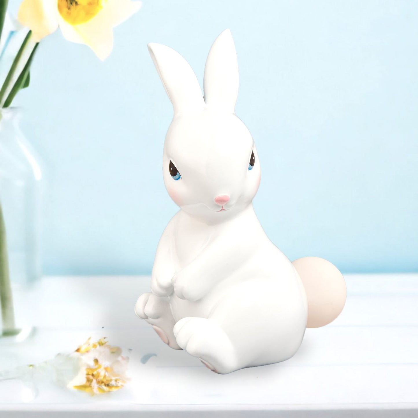Blue Butterfly Garden White Bunny With Led Tail Figurine, Blue