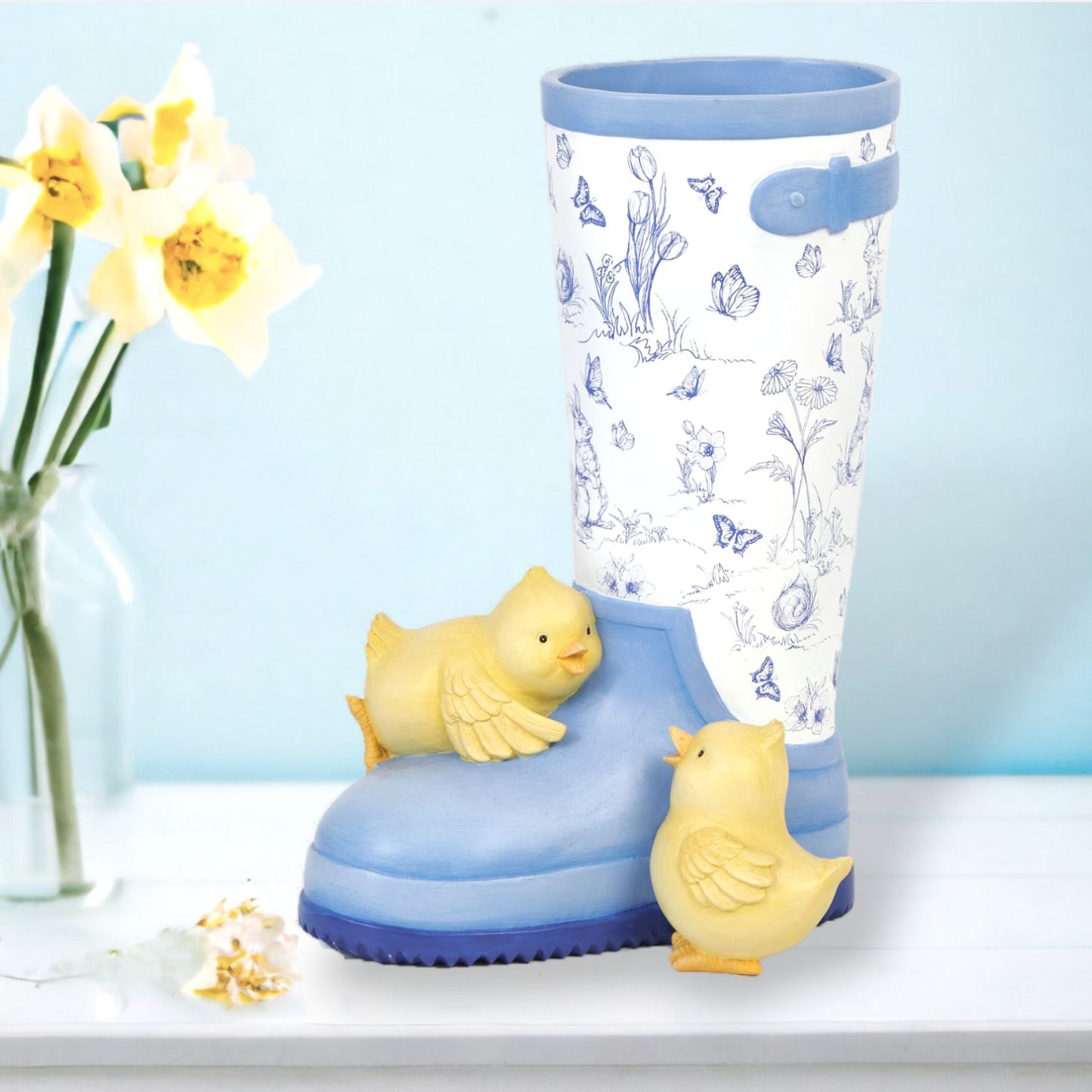 Blue Butterfly Garden Rainboot Planter With Baby Chicks