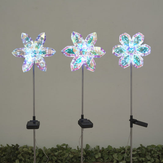 SET OF 3 - 38"H Solar Lighted Iridescent LED Flower Yard Stakes
