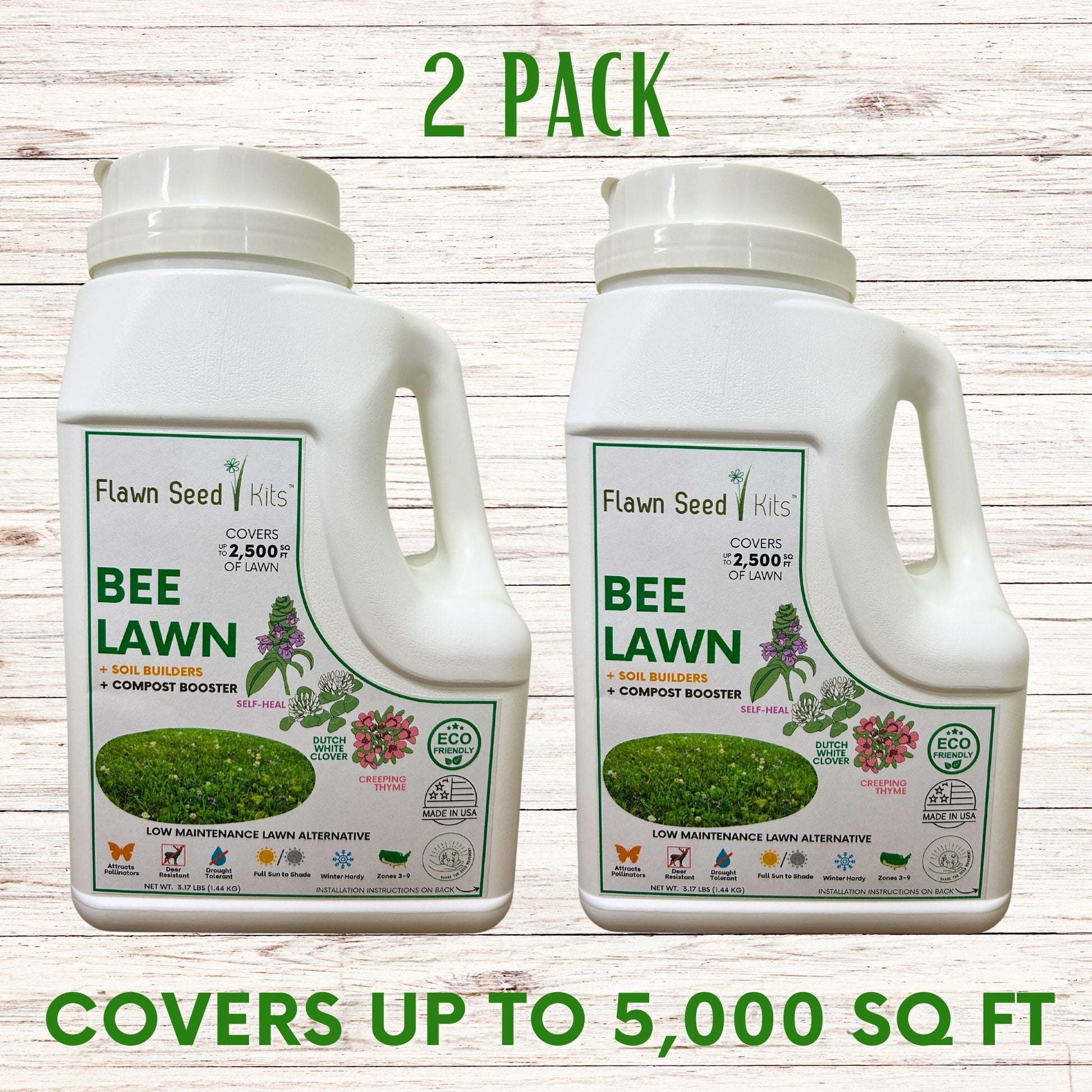 Bee Lawn Flowering Pollinator Seed Kit, Dutch White Clover, Self-Heal, Creeping Thyme, Easy Spread Container 2 Pack Covers 5,000 square feet