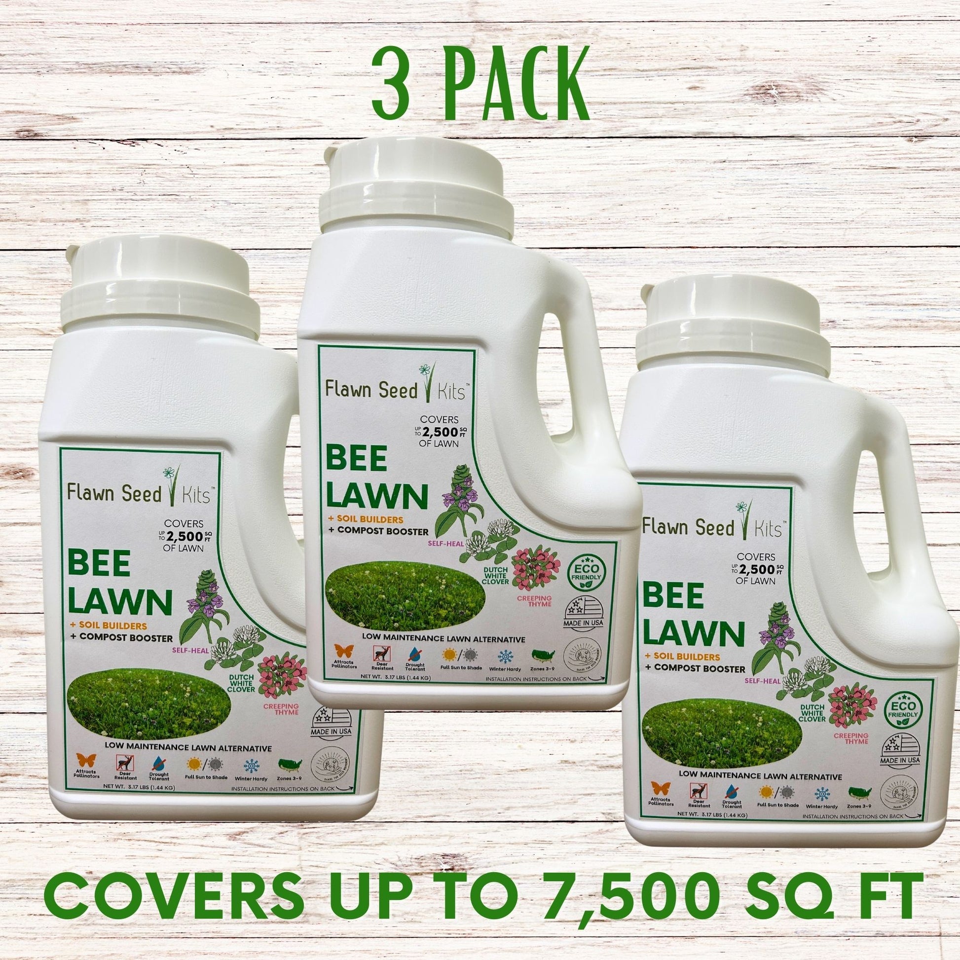 Bee Lawn Flowering Pollinator Seed Kit, Dutch White Clover, Self-Heal, Creeping Thyme, Easy Spread Container 3 Pack Covers 7,500 square feet
