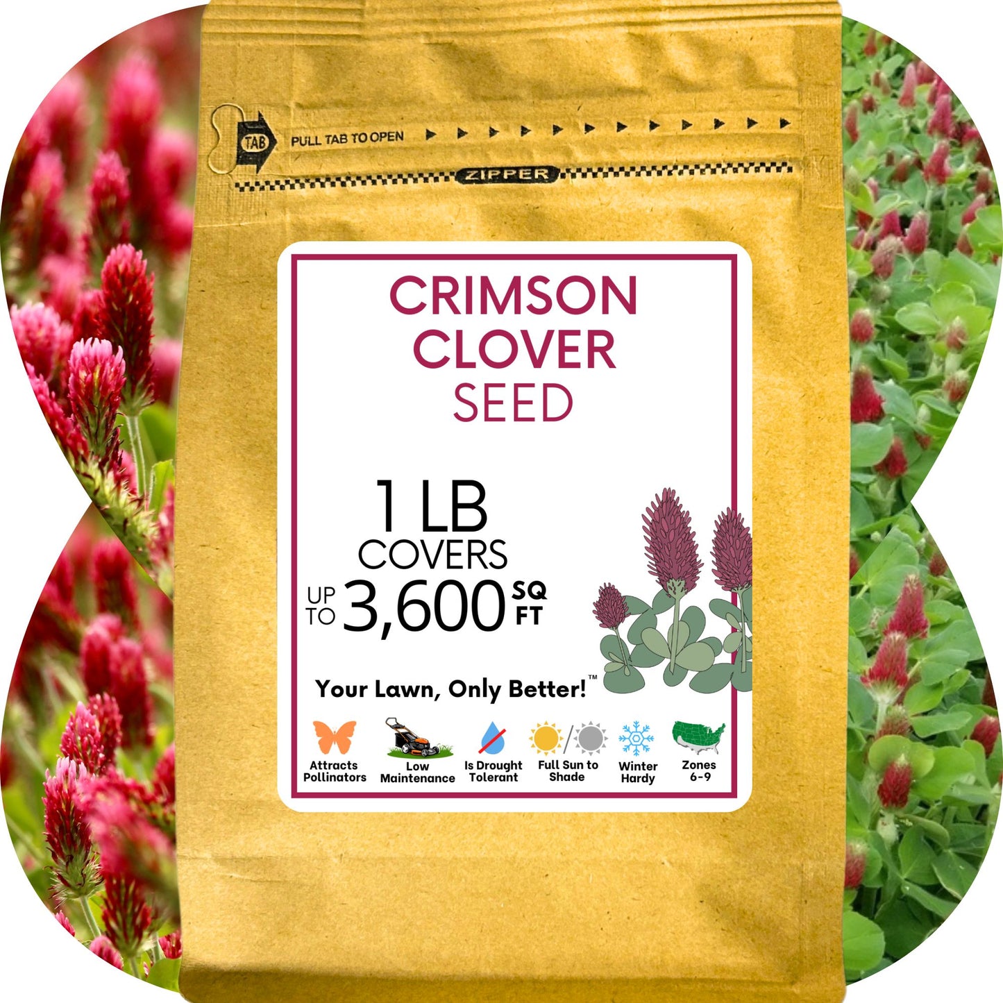 Bag of crimson clover seed with label and floral background