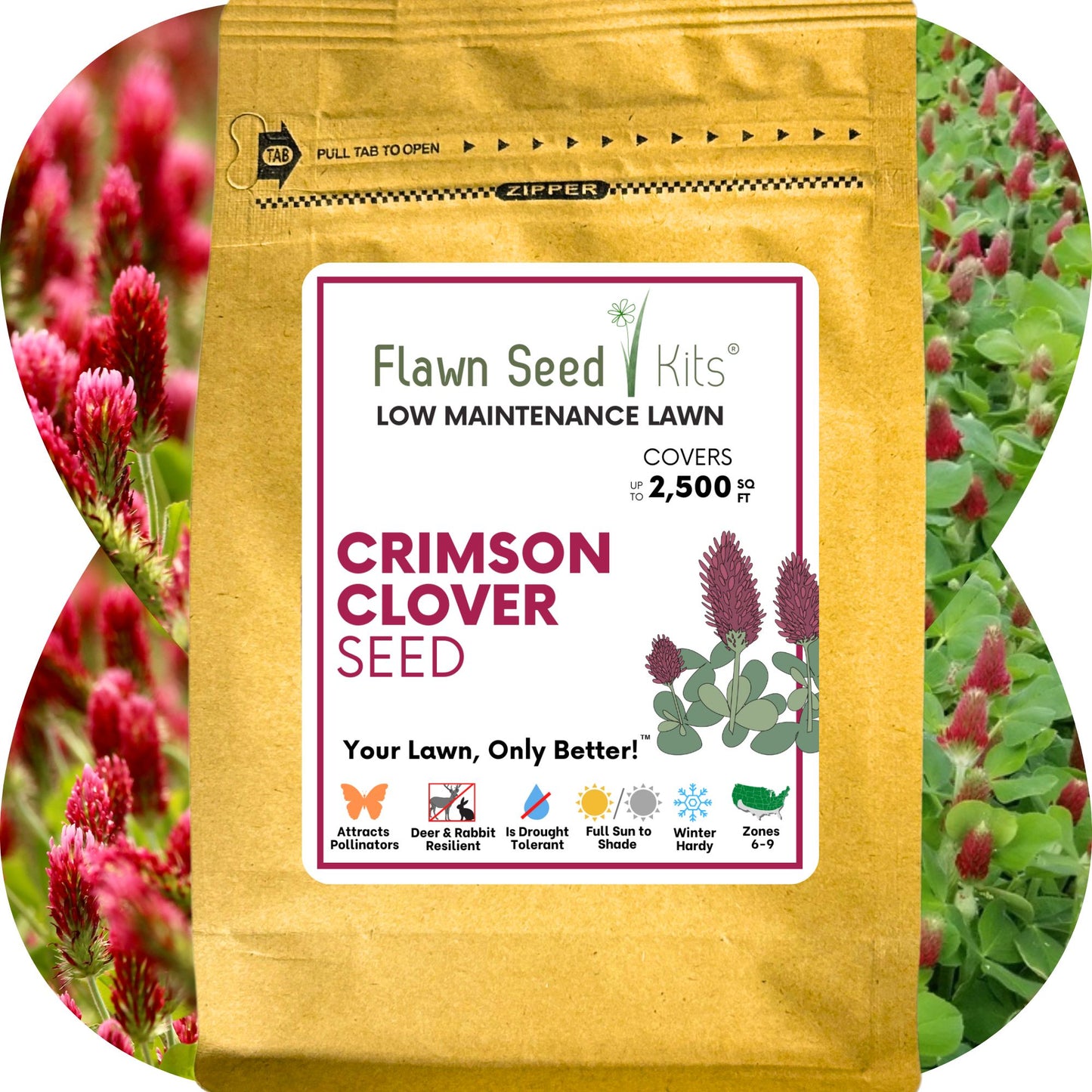 Flawn Seed Kits Crimson Clover seed packet with floral background