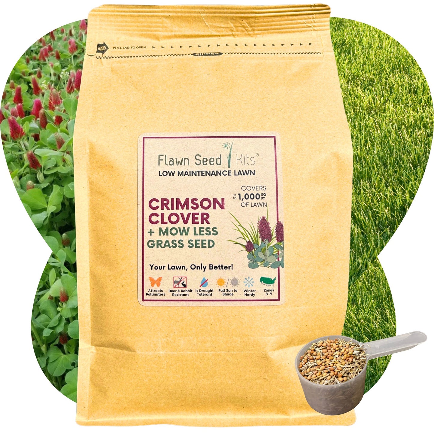 Crimson Clover + Mow Less Grass Seed Pouch