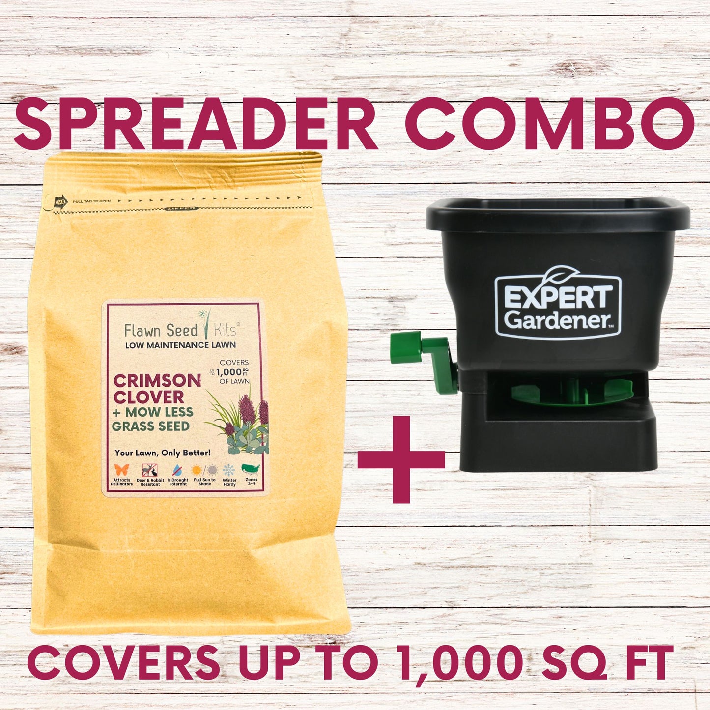 Crimson Clover + Mow Less Grass Seed + Spreader Bundle
