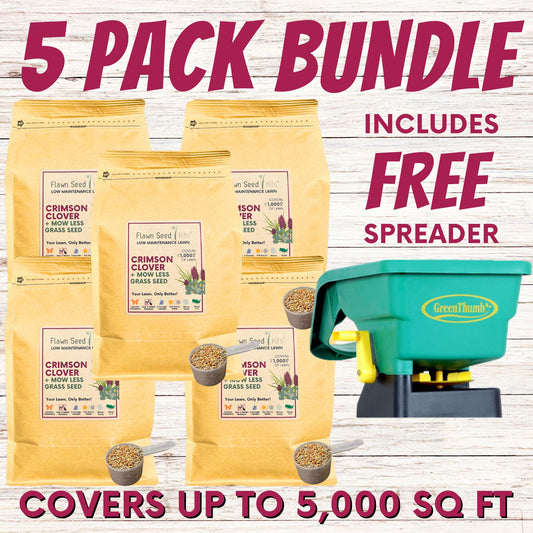 Crimson Clover + Mow Less Grass Seed (5 Pack) + FREE Spreader Bundle