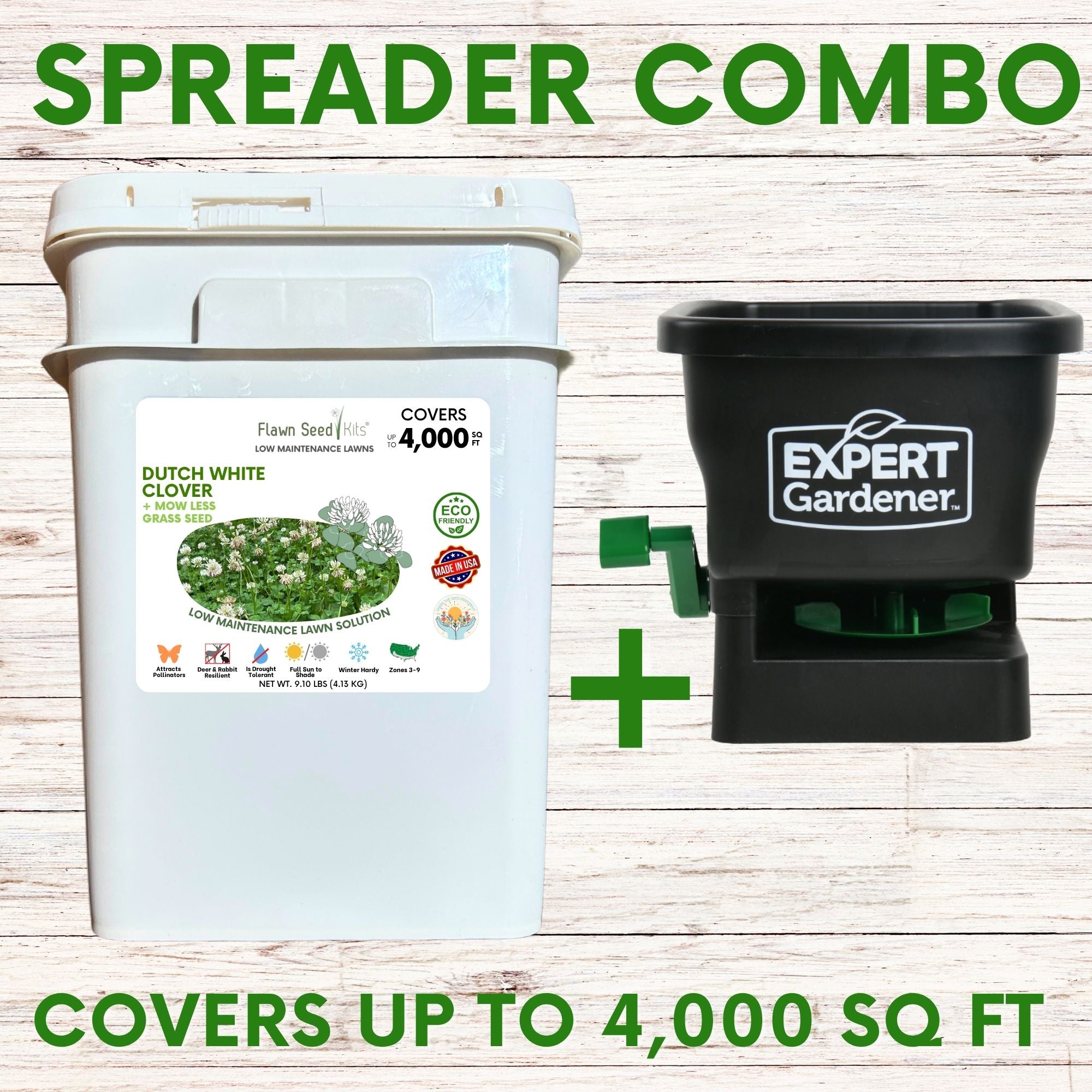 Dutch White Clover + Premium Mow Less Grass Seed Spreader Bundle