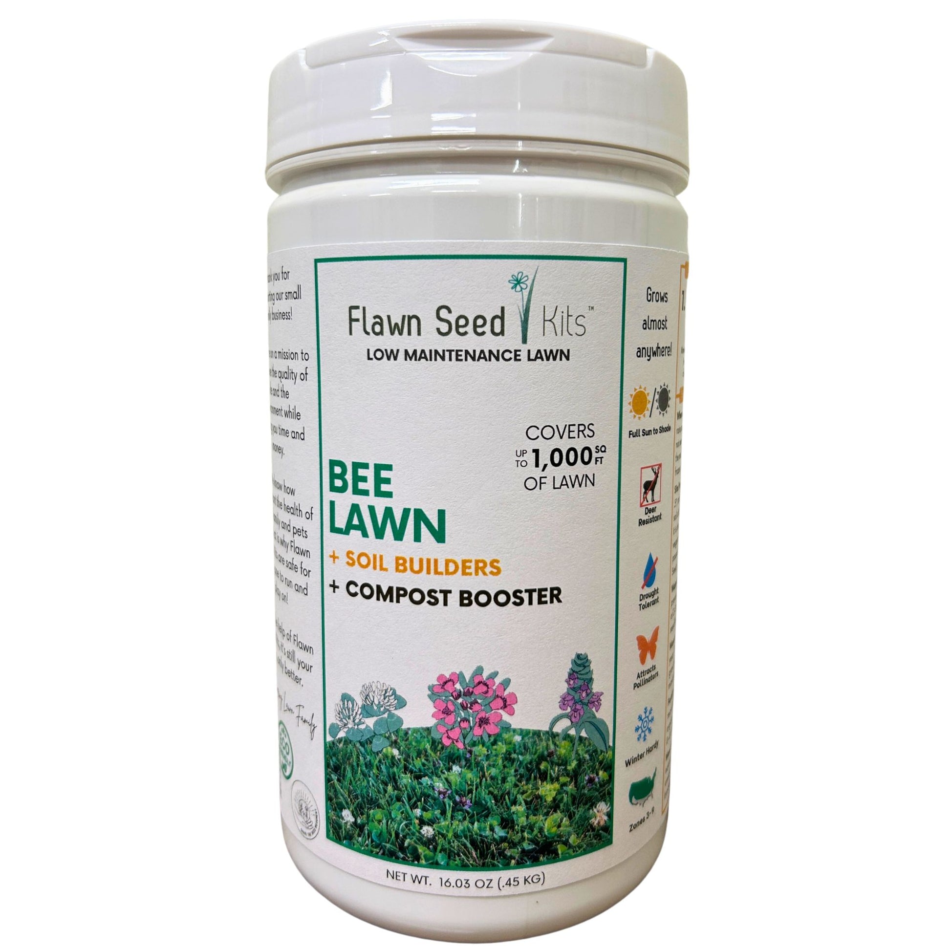 Bee Lawn Flowering Pollinator Seed Kit, Dutch White Clover, Self-Heal, Creeping Thyme, Easy Spread Container