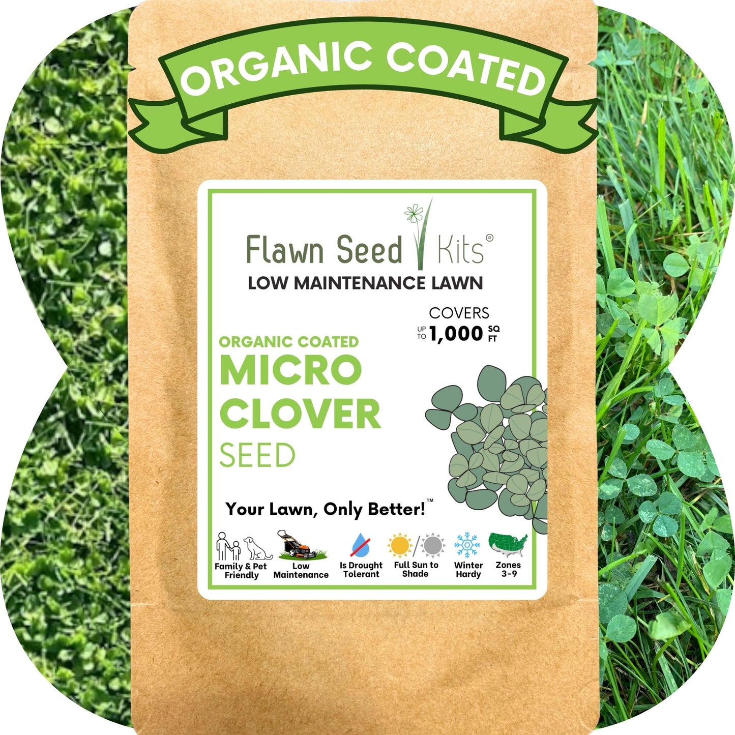 Package of Flawn Seed Kits micro clover seed with grass background