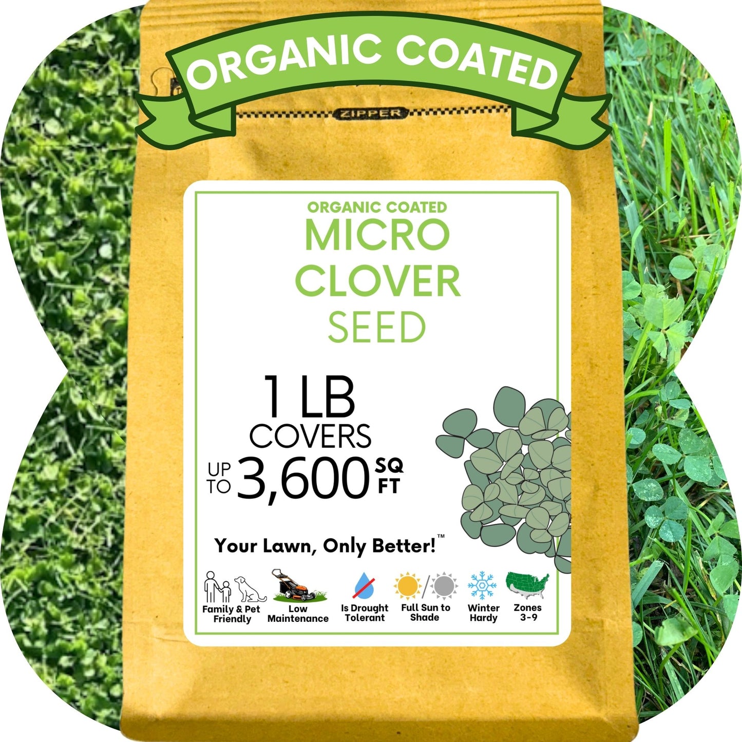 Bag of organic coated micro clover seed with grass background