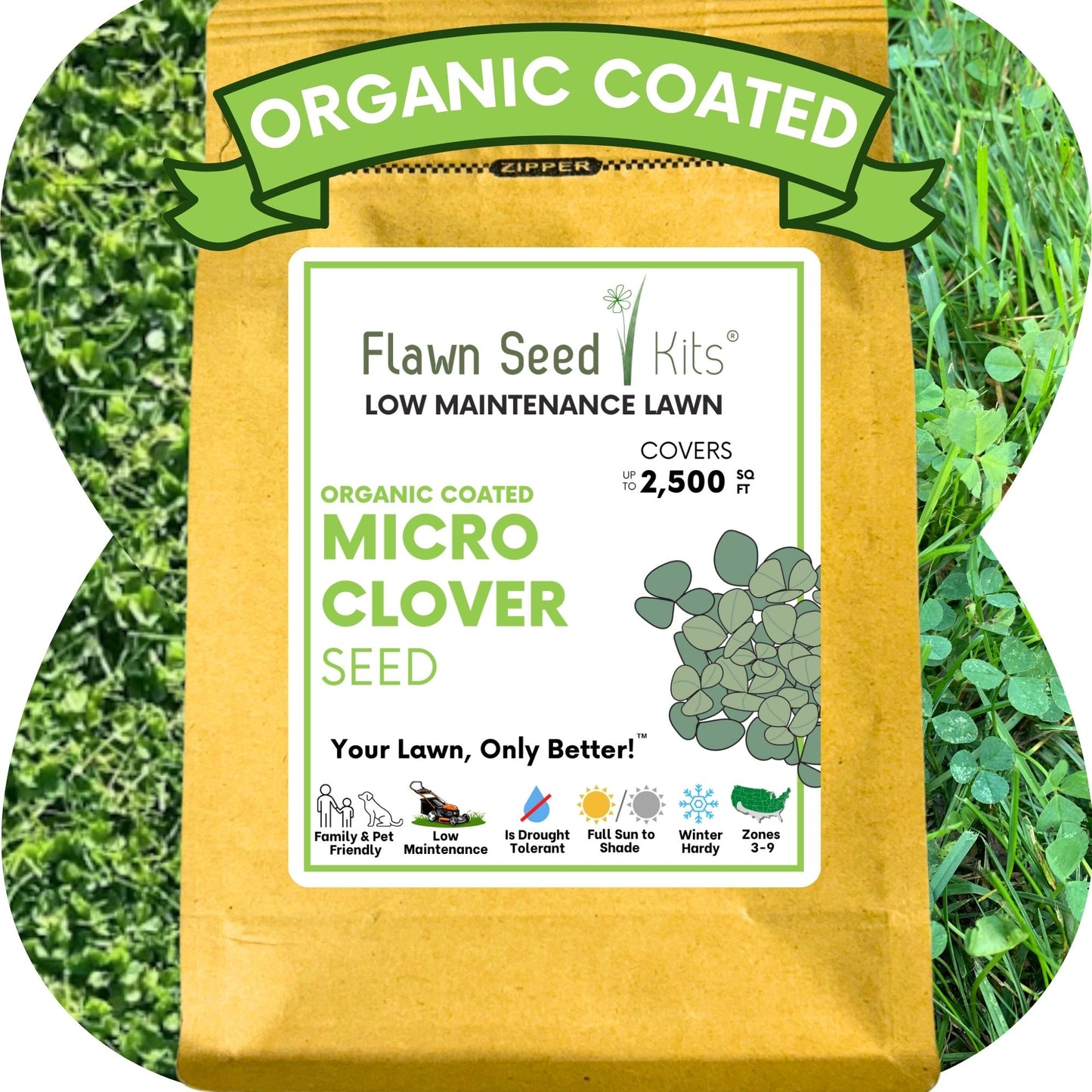 Flawn Seed Kits organic coated micro clover seed packet with grass background