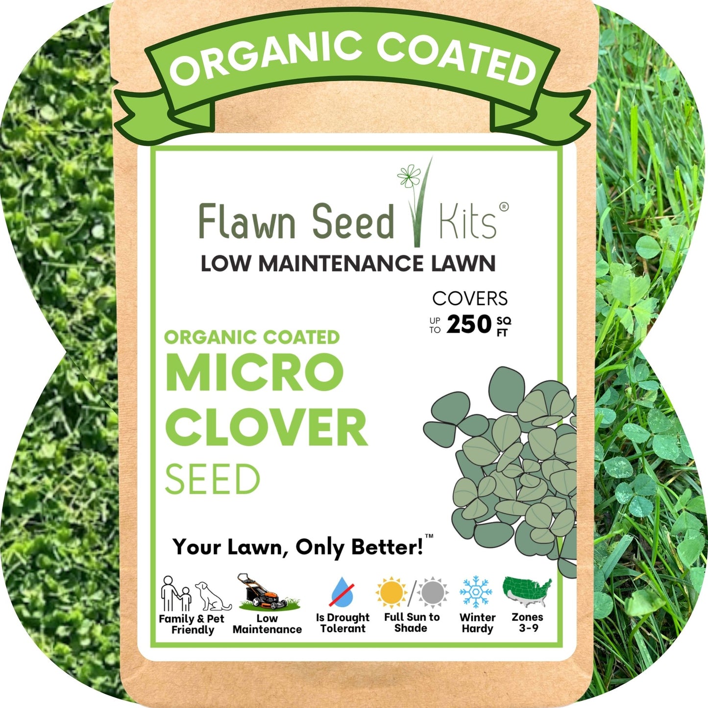 Flawn Seed Kits organic coated micro clover seed packet with grass background
