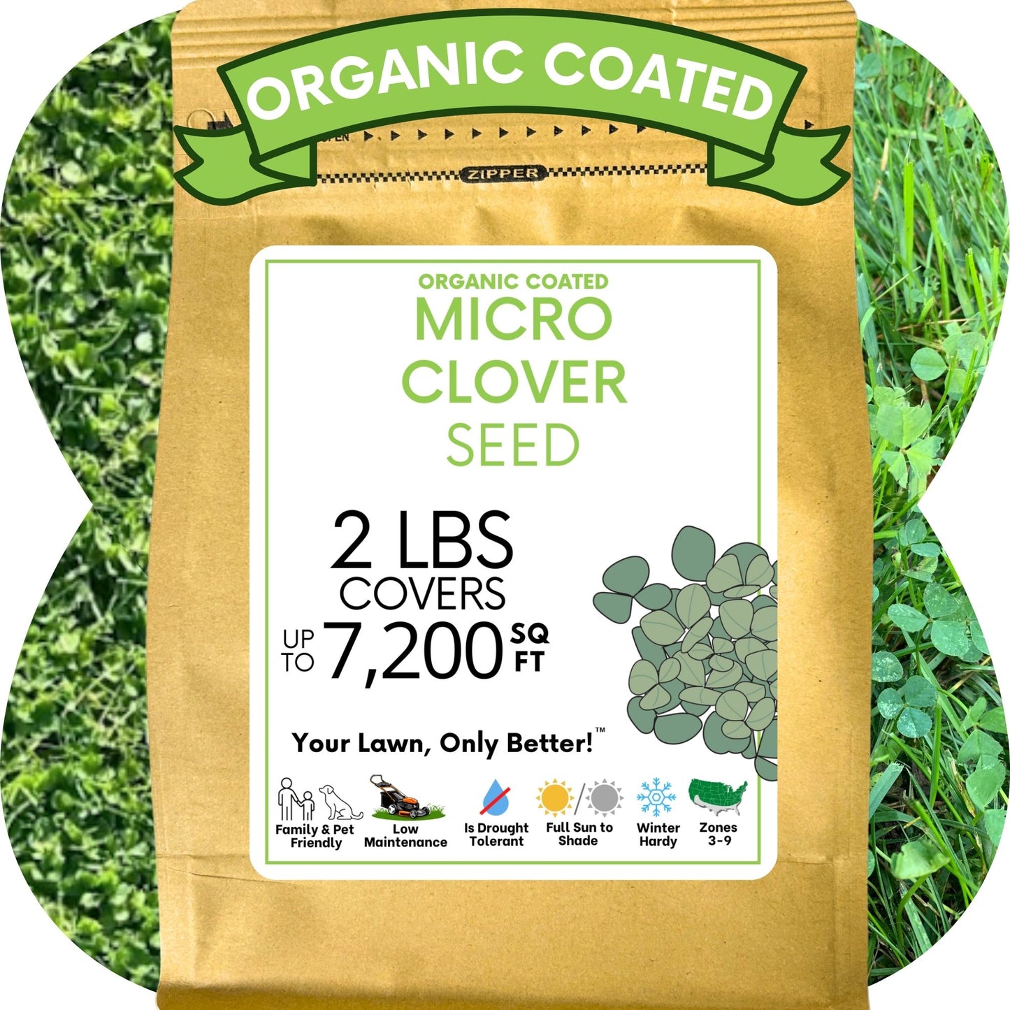 Package of organic micro clover seed with grass background