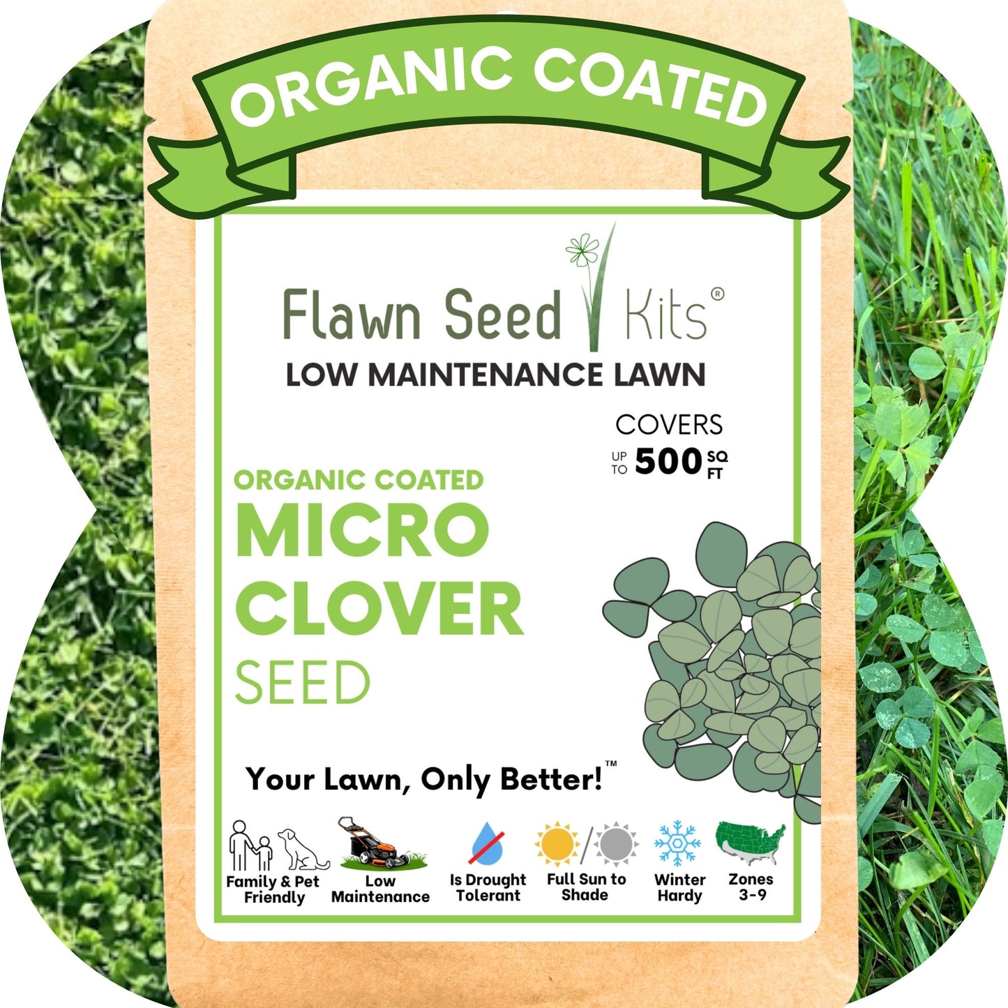 Flawn Seed Kits organic coated micro clover seed package with grass background