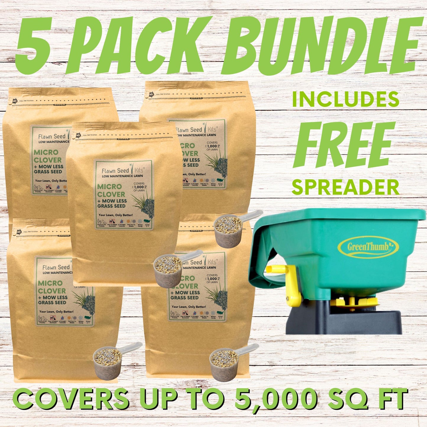 Micro Clover + Mow Less Grass Seed (5 Pack) + FREE Spreader Bundle