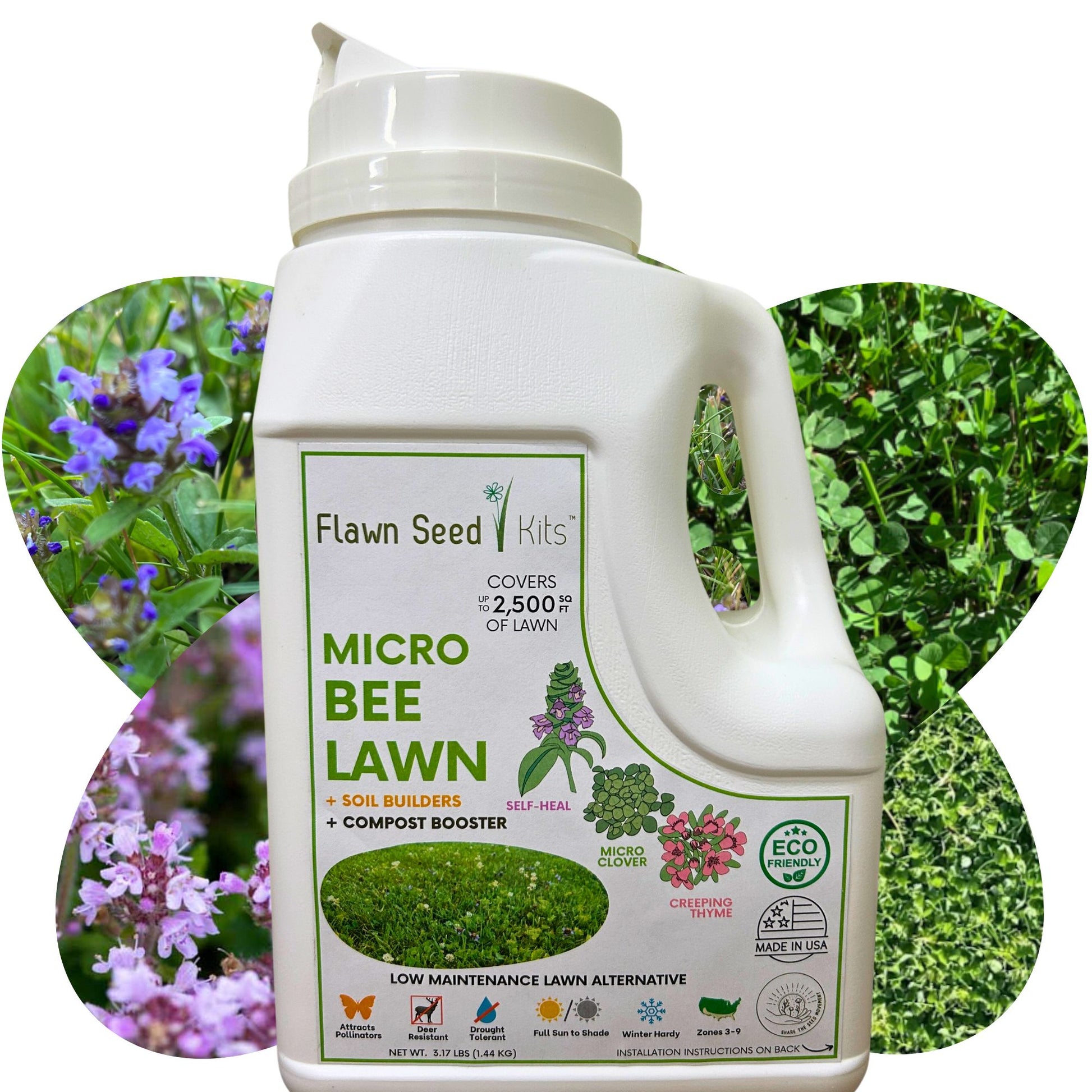 Micro Bee Lawn Flowering Pollinator Seed Kit, Micro Clover Blooms, Self-Heal Blooms, Creeping Thyme Blooms, Easy Spread Container