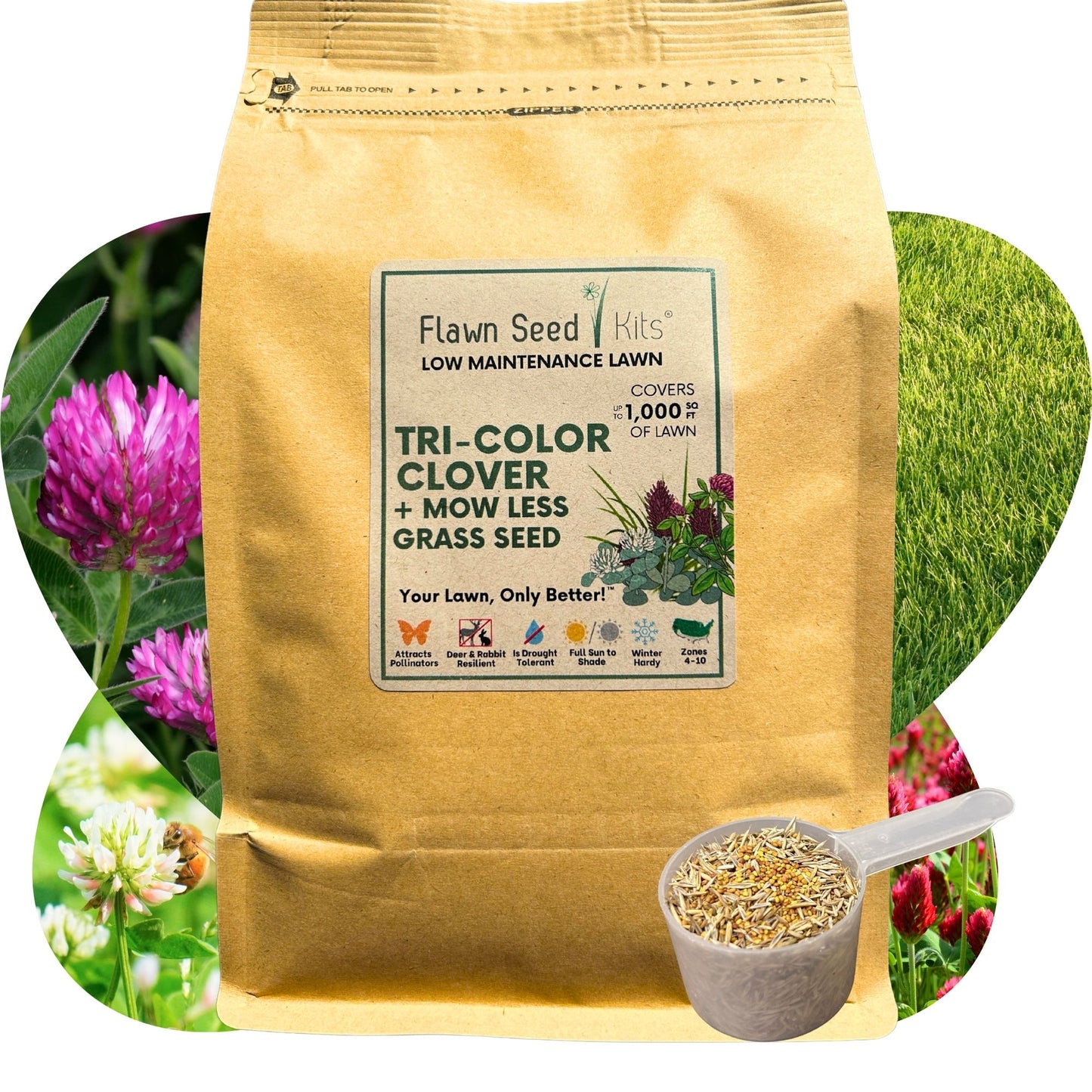 Tri-Color Clover + Mow Less Grass Seed (5 Pack) + FREE Spreader Bundle