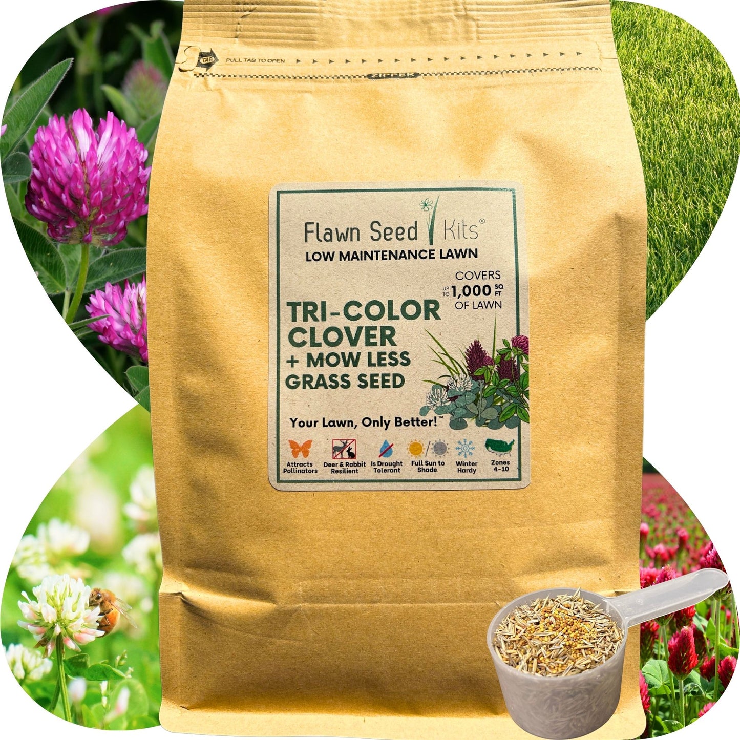 TRI-Color Clover Blend + Mow Less Grass Seed Pouch