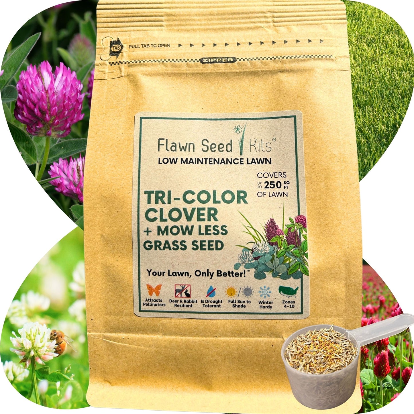 TRI-Color Clover Blend + Mow Less Grass Seed Pouch