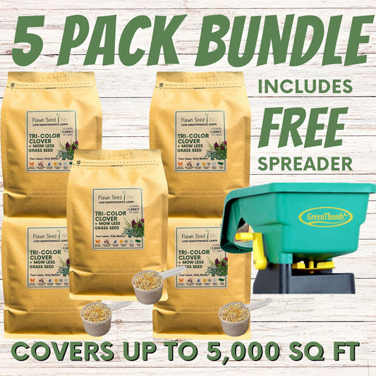 Tri-Color Clover + Mow Less Grass Seed (5 Pack) + FREE Spreader Bundle