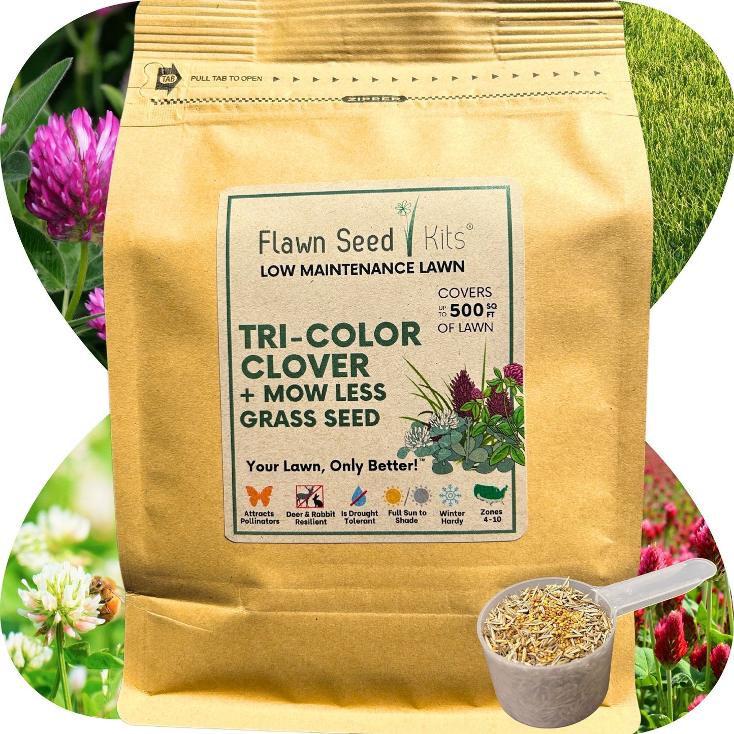 TRI-Color Clover Blend + Mow Less Grass Seed Pouch