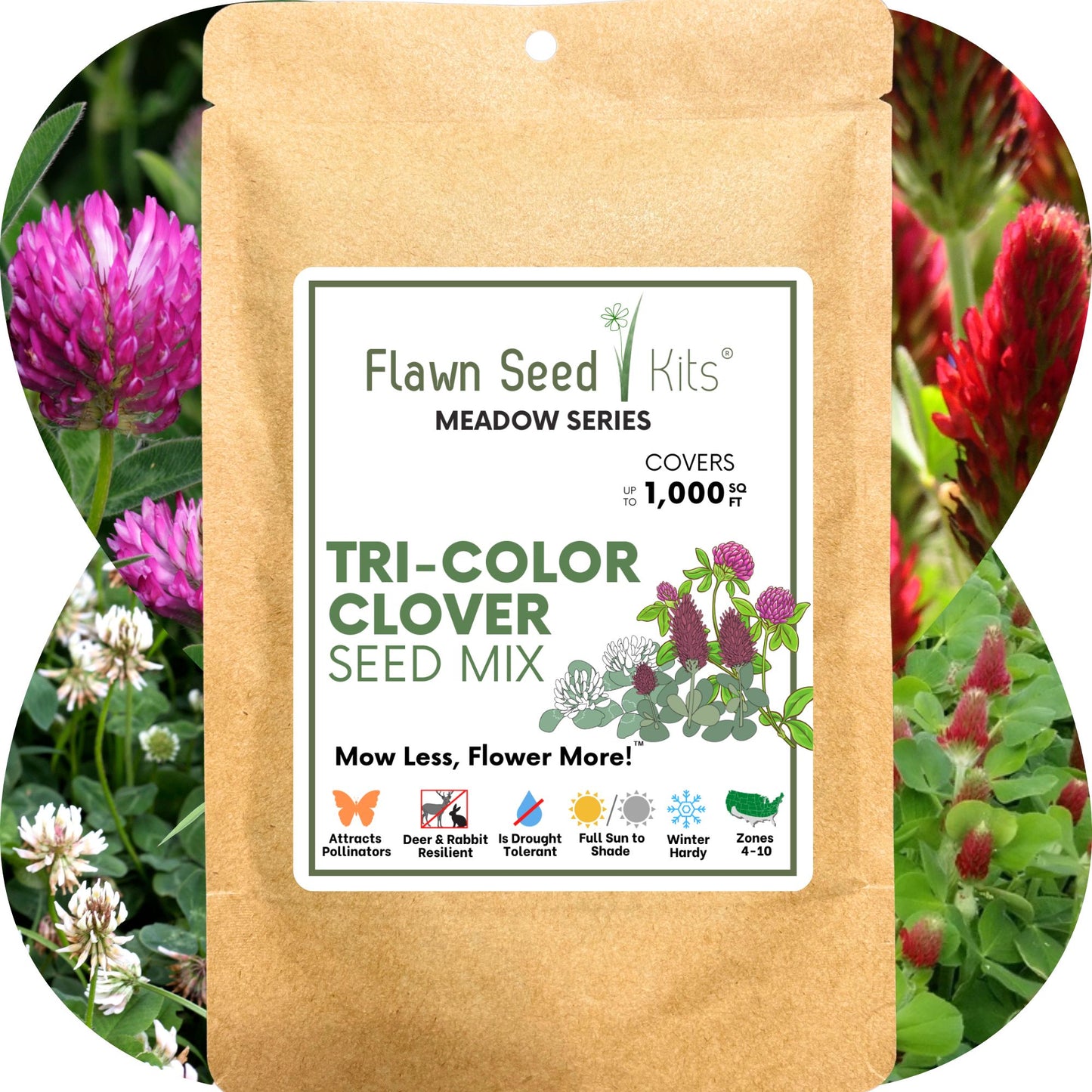 Flawn Seed Kits Tri-Color Clover Seed Mix packaging with clover flowers in the background