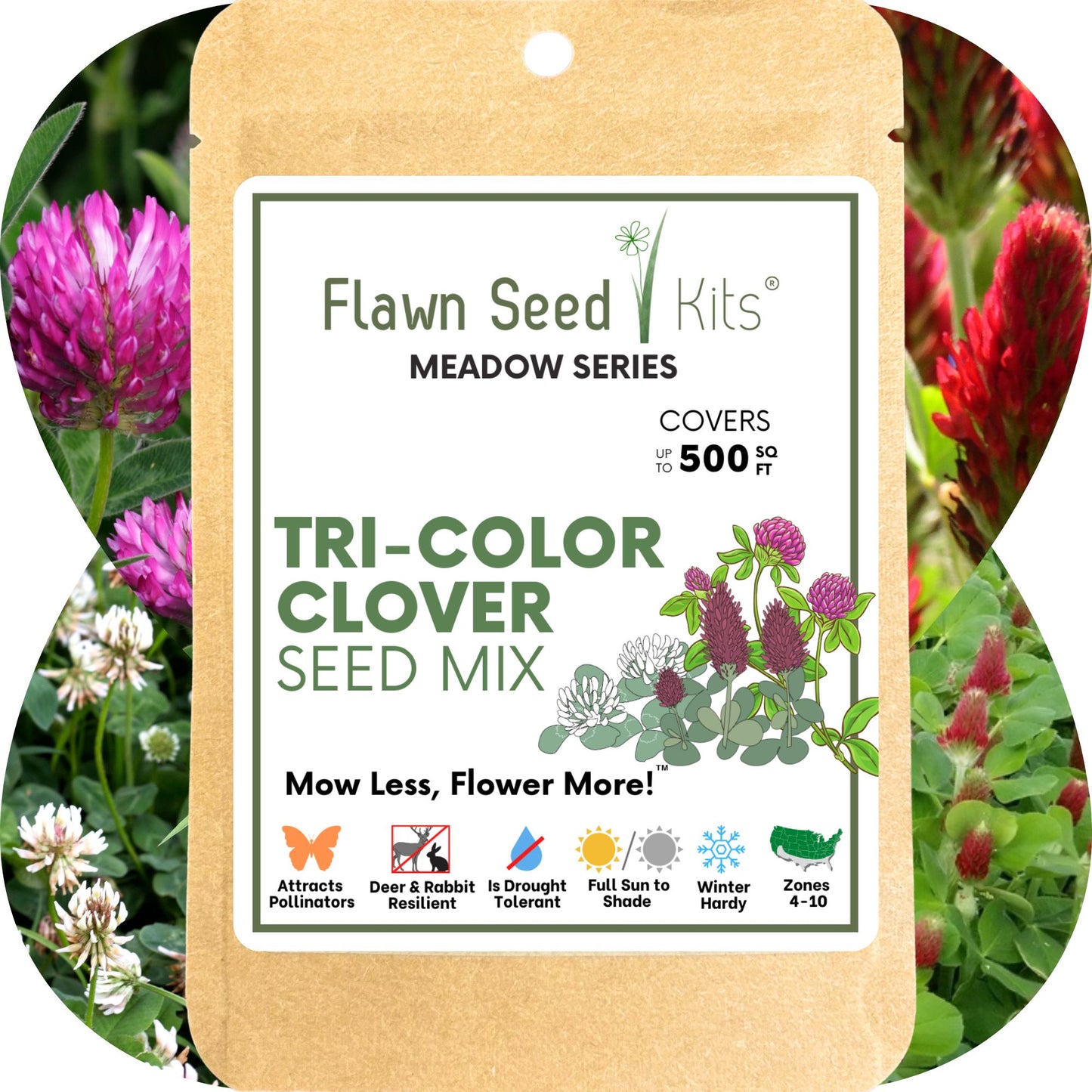 Flawn Seed Kits Tri-Color Clover Seed Mix packaging with seed mix and clover plants in the background.