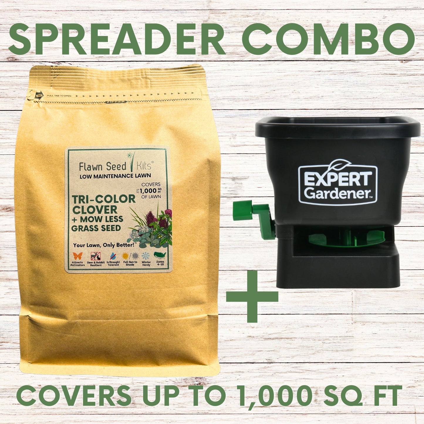 Tri Clover + Mow Less Grass Seed + Spreader Bundle