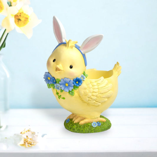 Blue Butterfly Garden Chick With Bunny Ears Planter Figurine