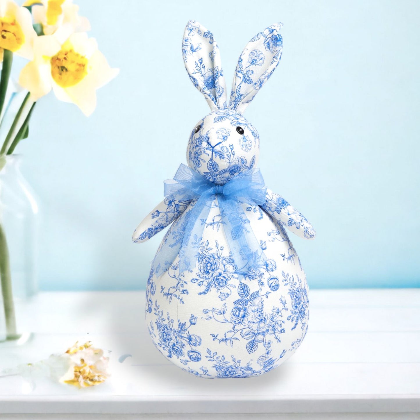 Blue Butterfly Garden Blue Toille Fabric Bunny Figurine
