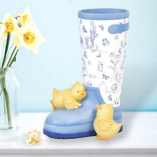 Blue Butterfly Garden Rainboot Planter With Baby Chicks