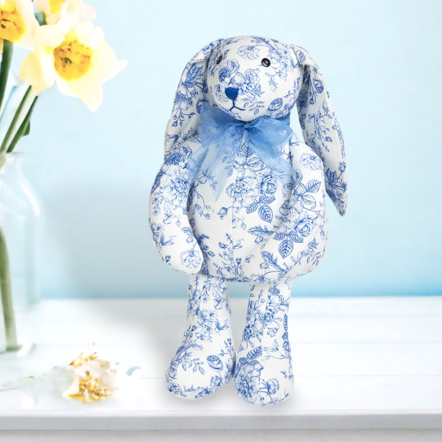 Blue Butterfly Garden Blue Toille Fabric Bunny Sitter Figurine