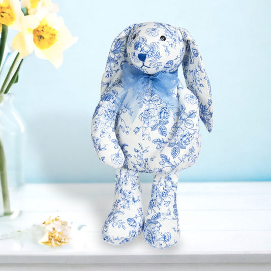 Blue Butterfly Garden Blue Toille Fabric Bunny Sitter Figurine